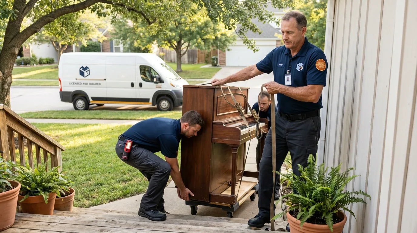 Licensed piano movers securing grand piano in Orofino, ID