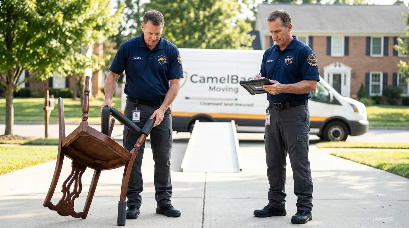 Movers inspecting furniture for damage prevention before loading in Orofino, ID