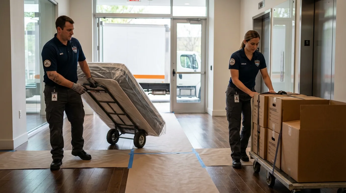 Professional apartment movers loading elevator in Orofino, ID